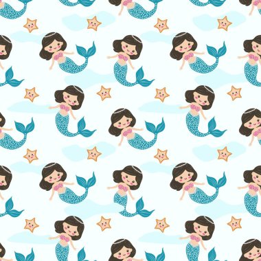 Sevimli deniz kızının kusursuz deseni. Harika bir deniz altyapısı. Vektör illüstrasyonu