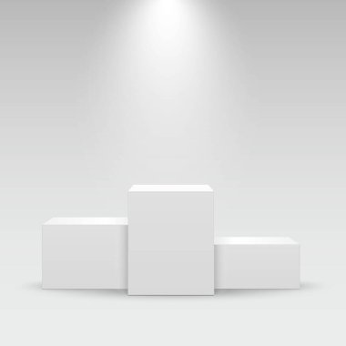 Soyut bir odada gerçekçi bir podyum küpü. Kaideyi. Gösteri sahnesi, mağazaların önü, mallarla dolu. Vektör illüstrasyonu