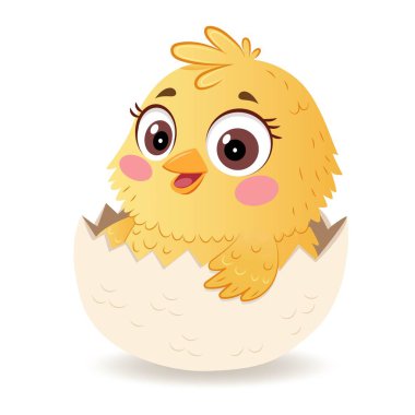 Sevimli bir Paskalya tavuğu yumurtadan çıktı. Beyaz arka planda elle çizilmiş. Vektör illüstrasyonu
