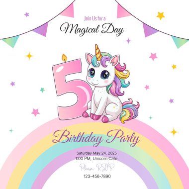 Bir doğum günü partisine davetiye. 5 numaralı şirin tek boynuzlu at. Vektör illüstrasyonu