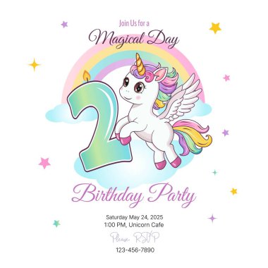 Doğum günü partisi davetiyesi. Şablon. İki numaralı şirin tek boynuzlu at. Vektör illüstrasyonu