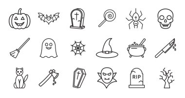 Bir dizi doğrusal Cadılar Bayramı temalı ikonlar. Beyaz arkaplanda izole edilmiş vektör illüstrasyonu