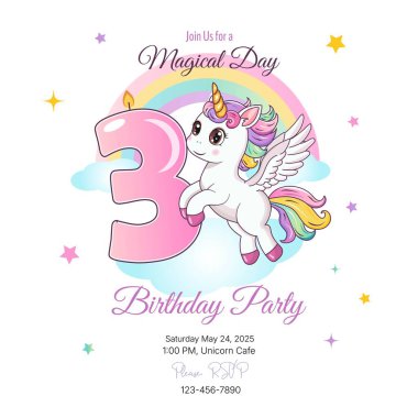 Doğum günü partisi davetiyesi. Şablon. 3 numaralı şirin tek boynuzlu at. Vektör illüstrasyonu