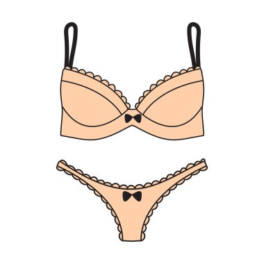 İç çamaşırı seti, sutyen ve ten rengi bikini. Beyaz arka planda izole edilmiş, şık kadın iç çamaşırı seti. Web, tekstil, baskı, ambalaj