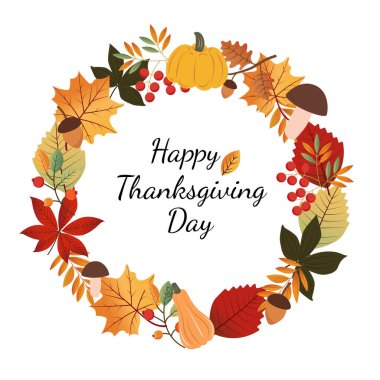 Sonbahar çelengi ve tebrik mesajı çerçeveli Şükran Günü 'n kutlu olsun. Sonbahar festivali. Bir tebrik kartı. Vektör illüstrasyonu