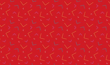 Soyut, kusursuz Memphis deseni. Kırmızı zemin üzerinde geometrik açısal şekillerin geometrik vektör arkaplanı. Vektör illüstrasyonu