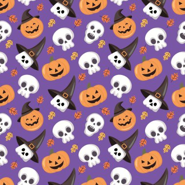 Şapka giymiş kafatası ve balkabağı desenleri. Cadılar Bayramı. Harika bir geçmişin var. Vektör çizimi. Web tasarımı, sosyal medya, baskı ve duvar kağıtlarında kullanılabilir