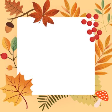 Sonbahar ormanının elementlerinden oluşan bir vektör iskeleti. Sonbahar yaprakları, mantarlar, meşe palamutları. Sonbahar festivali. Web tasarımı, sosyal medya, baskı ve tebrik kartlarında kullanılabilir..