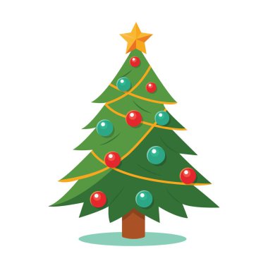 Yıldızlı bir Noel ağacı, beyaz arka planda izole edilmiş toplar ve çelenkler. Yeni yıl vektör illüstrasyonu. Web tasarımı, reklamcılık, sosyal ağlar ve yazıcılarda kullanılabilir.