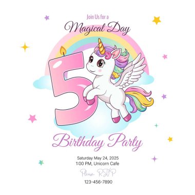 Doğum günü partisi davetiyesi. Şablon. 5 numaralı şirin tek boynuzlu at. Vektör illüstrasyonu