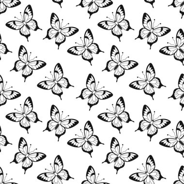 Kusursuz tek renkli kelebek deseni. Çiçek arkaplanı elle çizilmiş. Tekstil, duvar kağıdı, ambalaj, web tasarımı için yazdır