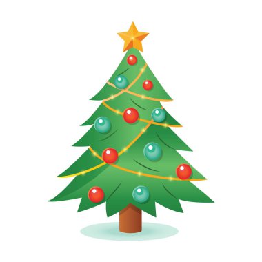 Yıldızlı bir Noel ağacı, beyaz arka planda izole edilmiş toplar ve çelenkler. Yeni yıl vektör illüstrasyonu. Web tasarımı, reklamcılık, sosyal ağlar ve yazıcılarda kullanılabilir.