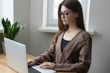 Ev ofisinde çalışan, dizüstü bilgisayarında daktilo kullanan şık, serbest çalışan bir kadın. Esnek iş, çevrimiçi iş ve serbest iş kavramı.