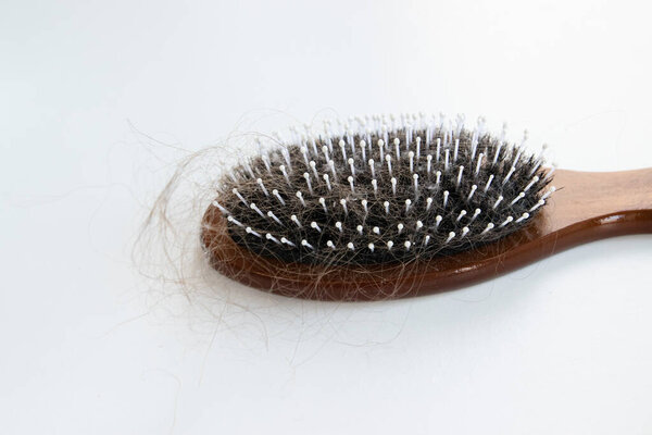 Close up of comb, hairbrush with fall hair after brushing. Hormonal, stress, postpartum, seasonal hair loss.