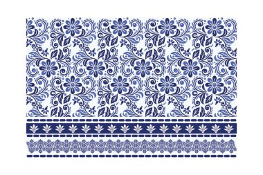 Çiçek mavisi desenli, kusursuz tekstil ve moda baskısı için ayrıntılı bir süs kenarı.