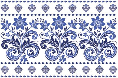 Kumaş ve moda baskıları için mavi dekoratif kenarlı pürüzsüz çiçek deseni