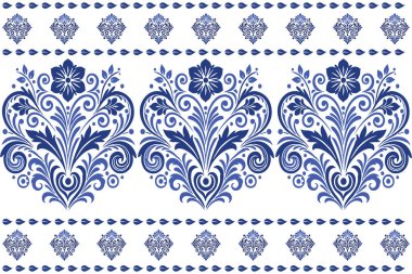Kusursuz tekstil arkaplanları için ayrıntılı süsleme kenarına sahip zarif mavi çiçek deseni
