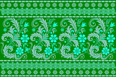 Tekstil ve duvar kağıtları için arabesk ve ikat detaylarıyla karışık mavi çiçek sınır deseni
