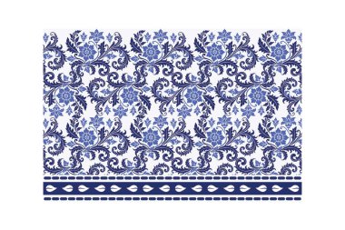 Moda, halı ve davetiyeler için süslü kenarlı ayrıntılı mavi çiçek deseni