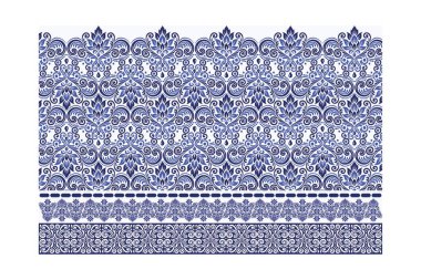 Halı ve duvar kağıdı için klasik dekoratif kenarı olan kusursuz mavi örgü çiçek deseni.