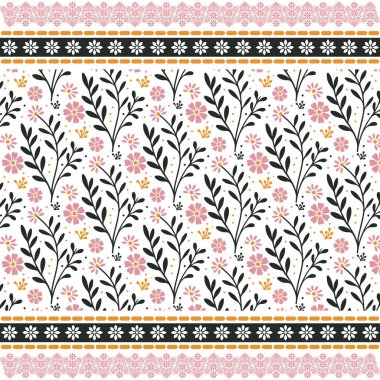 Çiçeksel sınır nakış desenleri ve Hint dikişsiz yatak ve giysi tasarımları.