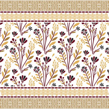 Yaban çiçekleri ve ayrıntılı sınır nakışlarıyla zarif, dikişsiz çiçek deseni.