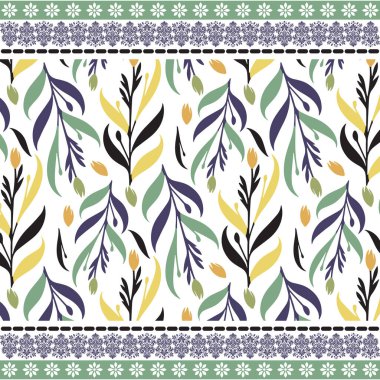 Kumaş ve tekstil grafikleri için geleneksel motif işlemeli çiçek kenarı deseni