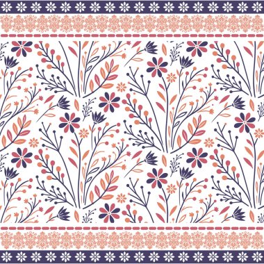 Yaban çiçekleri, kumaş ve yatak için kenar nakışlarını tekrarlayan pürüzsüz desenler.