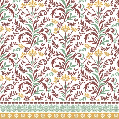 Moda ve dijital yazdırma uygulamaları için botanik sınır dokusuna sahip kusursuz çiçek deseni