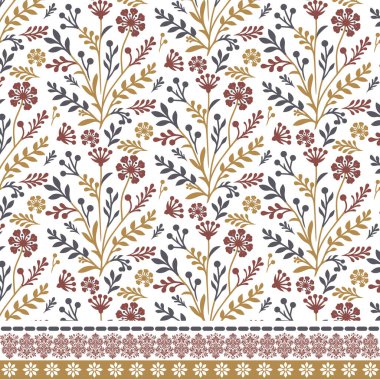 Kumaş ve dijital baskı tasarımları için ayrıntılı süsleme kenarına sahip kusursuz çiçek deseni