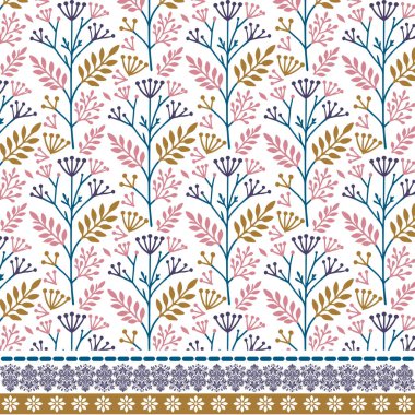 Poster ve tekstil baskısı için sanatsal botanik motifleri olan kusursuz çiçekli sınır deseni