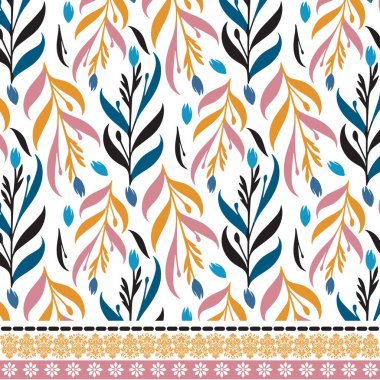 Tekstil ve poster baskısı için sanatsal sınır çizimlerine sahip kusursuz çiçek deseni