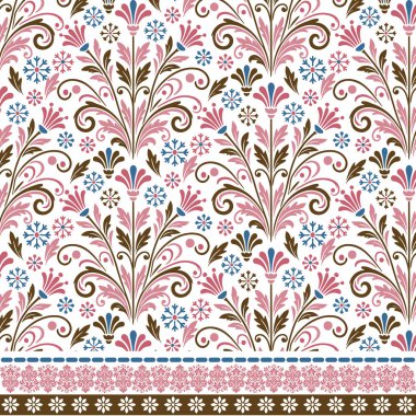Moda ve ambalaj kâğıdı tasarımları için dekoratif kenarı olan klasik dikişsiz çiçek deseni.