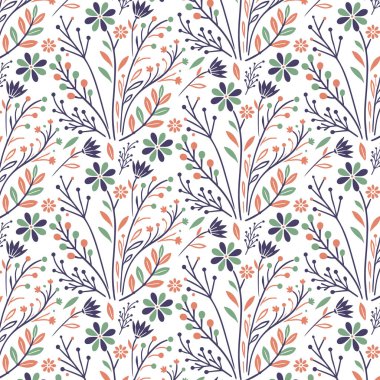 Süslü çiçeklerin kusursuz deseni ve kumaş ve moda tekstili için dekoratif bitki demetleri.