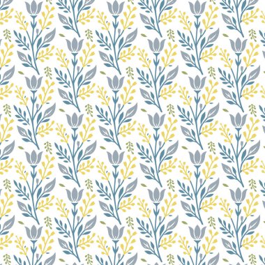 Botanik tarlası sapları ve süslemeli bahçe çiçekleri gibi pürüzsüz çiçek desenleriyle geliştirilmiş ambalaj tasarımı.