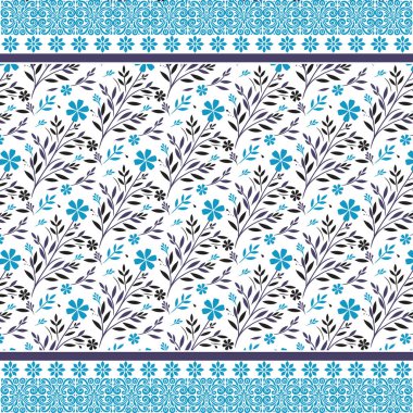 Dekor aksesuarları ve yüzey tekstili için stilize botanik kenar kenarına sahip mavi dikişsiz çiçek deseni
