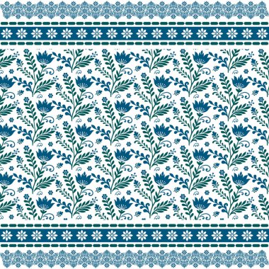 Yüzey ve kumaş kullanımı için çevresindeki çiçek sınırlarıyla mavi renklerde doğal esinlenilmiş kusursuz çiçek deseni.