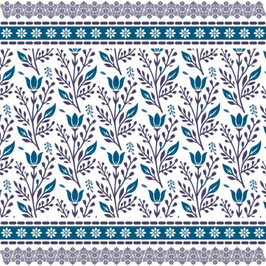 Botanik mavisi desensiz çiçek desenli fayanslar ev dekorasyonu ve giysi için bitki siluetleriyle sınırlandırılmış.