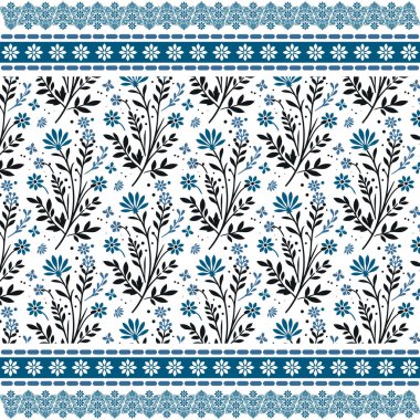Klasik alan ile mavi, pürüzsüz çiçek deseni giyim ve tekstil ürünleri için sınır motifleri ilham verici
