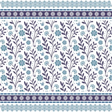 Botanik çerçeveli mavi dikişsiz çiçek deseni yüzey moda tekstili ve paketleme amaçları için idealdir.