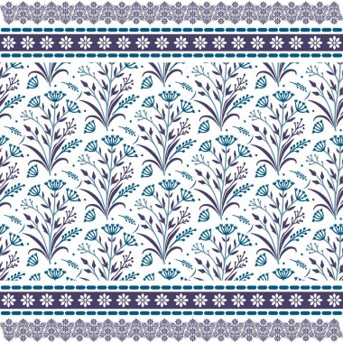 Yastık örtüsü ve giysi kumaşı için kenarı süslemeli zarif mavi desenli kusursuz çiçek deseni.