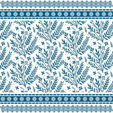 Şık tekstil baskıları için botanik sınır tasarımına sahip mavi dikişsiz çiçek desenli fayanslar paketleniyor