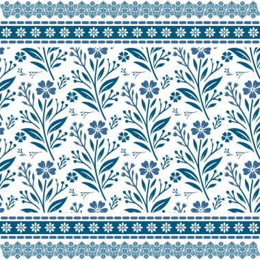 Kumaş ve ambalaj kağıtları için dekoratif kenar kenarı olan botanik mavisi desenli kusursuz çiçek deseni.