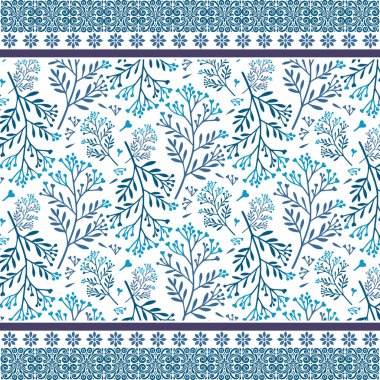 Moda aksesuarları ve ev kumaşları için mavi, pürüzsüz çiçek desenli bir sınır çizimi.