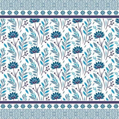 Hediye paketleri ve kadın giyim kuşamları için çizilmiş çiçek unsurlarıyla sınırlandırılmış mavi, pürüzsüz çiçek deseni.