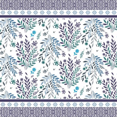 Moda ve masa başı kumaşı için stilize edilmiş yaprak ve çiçek kenarlığıyla çerçevelenmiş mavi dikişsiz çiçek deseni