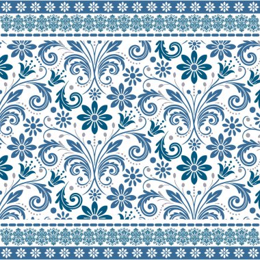 Kenar çerçeve kiremit mavi, pürüzsüz çiçek desenli, doğal çiçek desenli sarma ve tekstil elementleriyle.