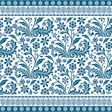 Giyim ve hediye paketi kumaşları için sınır çizgileriyle mavi renkte kusursuz çiçek deseni.