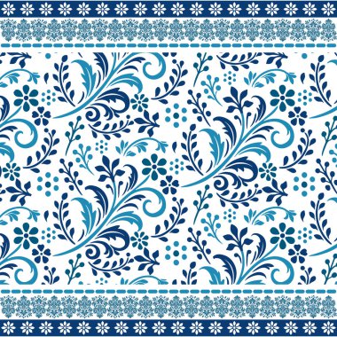 Bahçe çiçekleri ve tekstil ve yüzey ürünleri için yapraklarla çerçevelenmiş zarif mavi, pürüzsüz çiçek deseni.