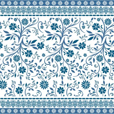 Mavi dikişsiz çiçek desenli yüzey kumaşı tasarımı ve dekor kullanımı için sınırlandırılmış botanik detay